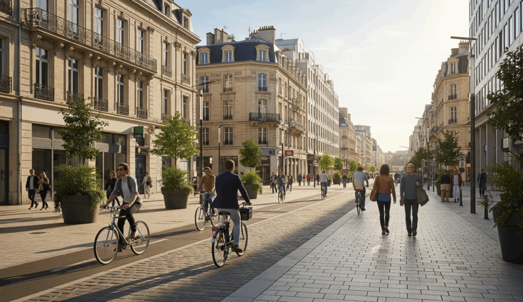 Se déplacer à Nantes sans voiture, illustration de personnes à vélo et à pied dans les rues piétonnes de la ville