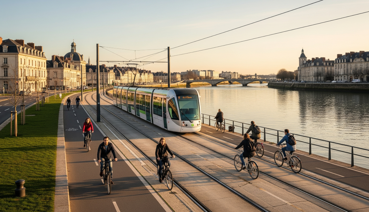 Se déplacer à Nantes sans voiture, illustration d'un tramway et de vélos sur les quais de la Loire